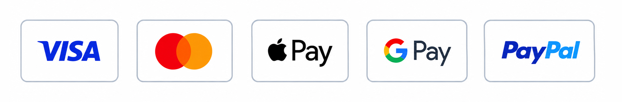 Visa, Mastercard, Apple Pay, Google Pay, PayPal